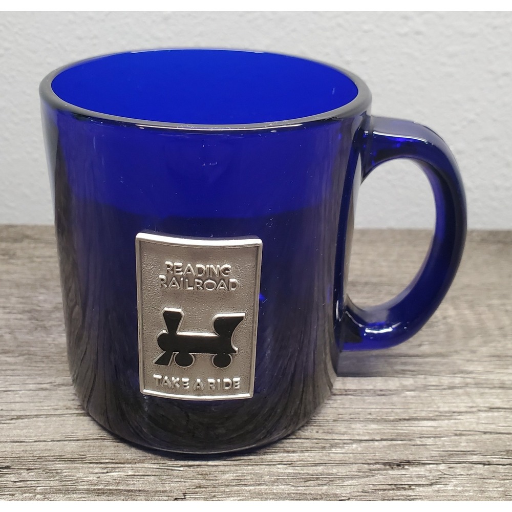 Monopoly Coffee Mug Cobalt Blue Glass Reading Railroad Take A Ride USA MADE EUC